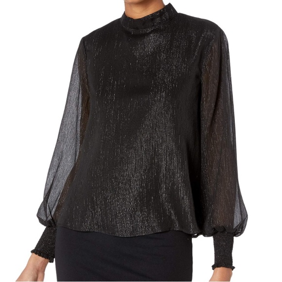 BB Dakota Tops - BB Dakota Black Whimsical Chic Shimmer Mock Neck Keyhole Back Blouse Size S